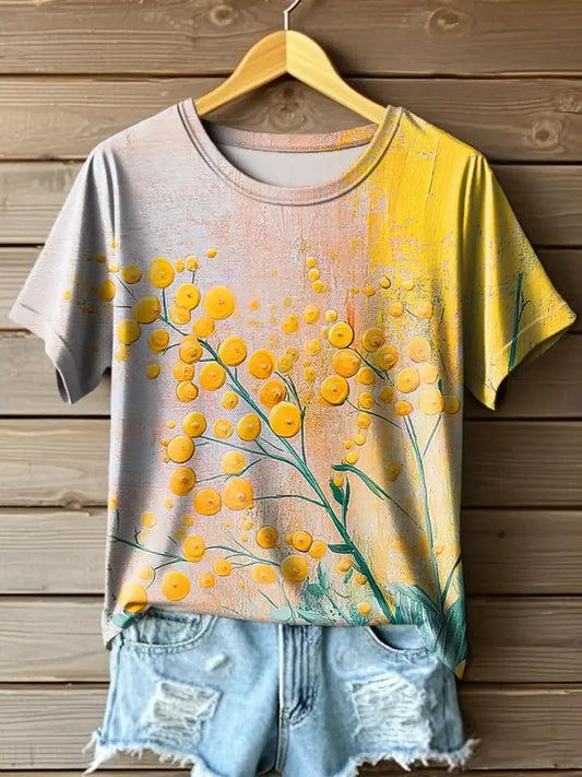 Women’s Australian Abstract Acacia Flower Oil Painting Art Print Crew Neck T-Shirt Colorful / S
