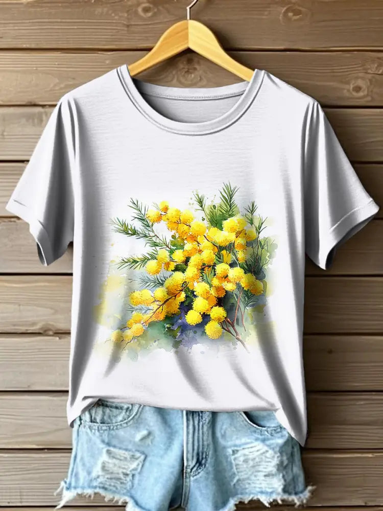 Women’s Australian Acacia Art Print Crew Neck T-Shirt Colorful / S