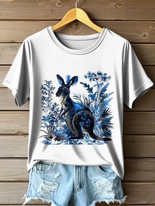 Women’s Australian Kangaroo Botanical Floral Art Print Casual Crew Neck T-Shirt Colorful / S