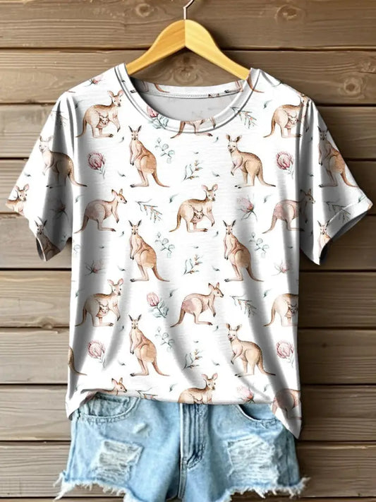 Women’s Australian Kangaroo Cute Printed Casual Crew Neck T-Shirt Colorful / S