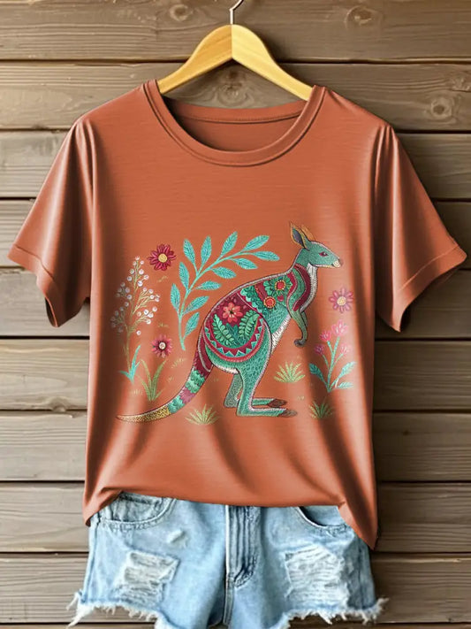 Women’s Australian Kangaroo Embroidery Printed Casual Crew Neck T-Shirt Colorful / S