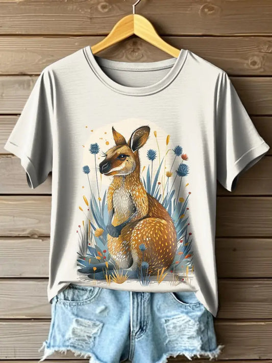 Women’s Australian Kangaroo Floral Cute Print Casual Crew Neck T-Shirt Colorful / S