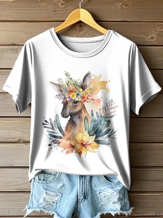 Women’s Australian Kangaroo Floral Ink Art Print Casual Crew Neck T-Shirt Colorful / S