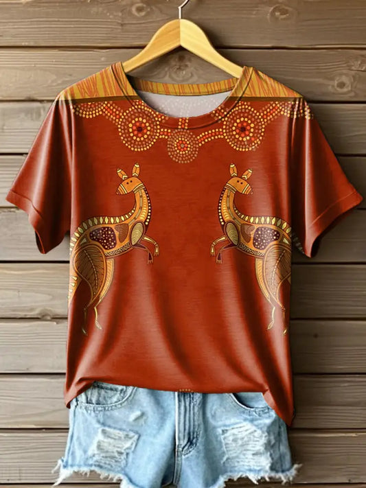 Women’s Australian Kangaroo Nation Tribal Art Print Casual Crew Neck T-Shirt Colorful / S