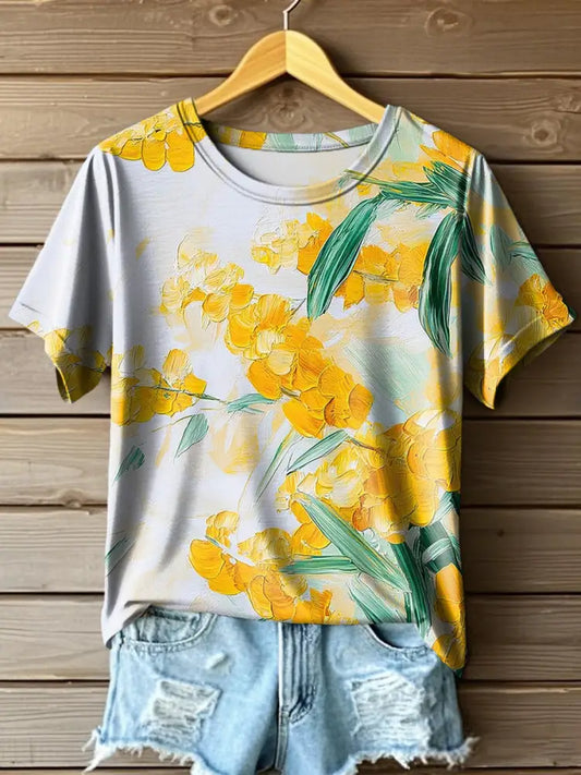 Women’s Australian Native Acacia Flower Oil Painting Art Print Crew Neck T-Shirt Colorful / S