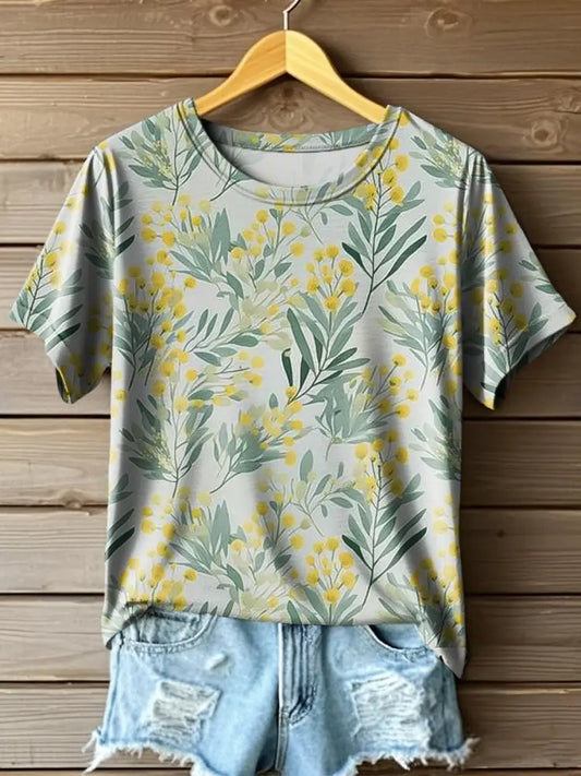 Women’s Australian Native Acacia Flower Painting Art Print Crew Neck T-Shirt Colorful / S