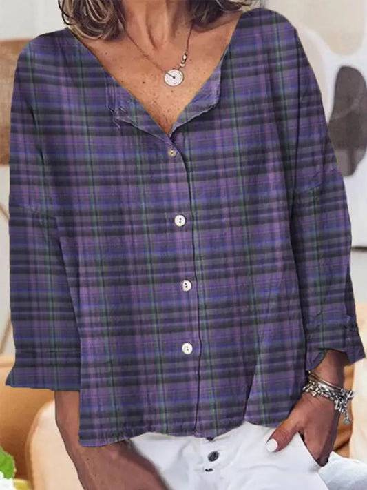 Women’s Casual Purple Plaid Printed Cotton Linen Shirt Purple / S Women’s Clothing