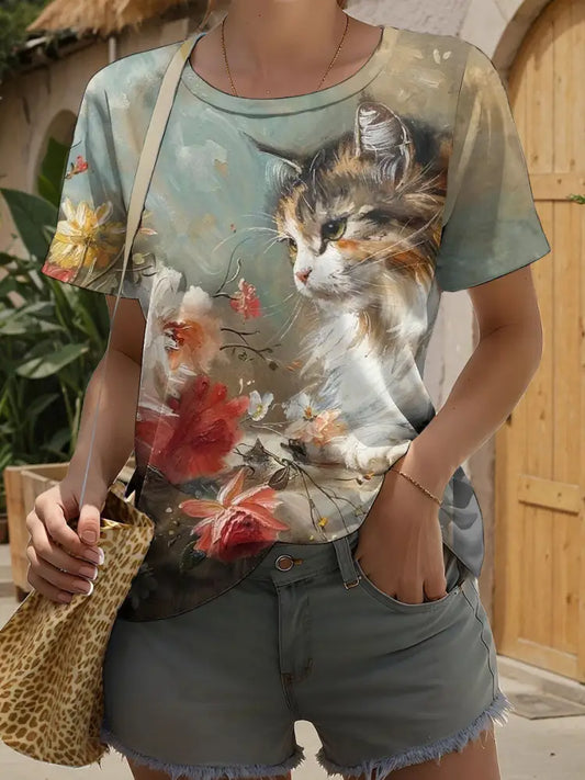 Women’s Cat Art Print Casual T-Shirt As picture / S Women’s Clothing