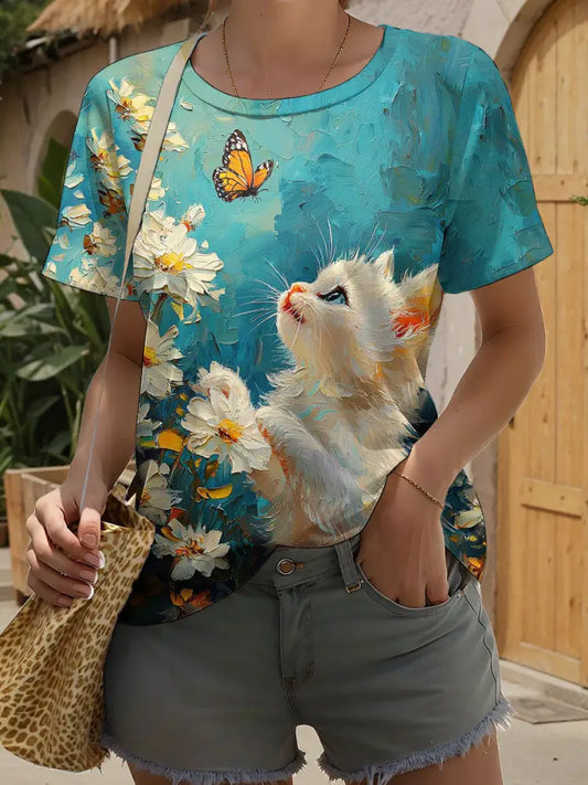 Women’s Cat Art Print Casual T-Shirt Blue / S Women’s Clothing