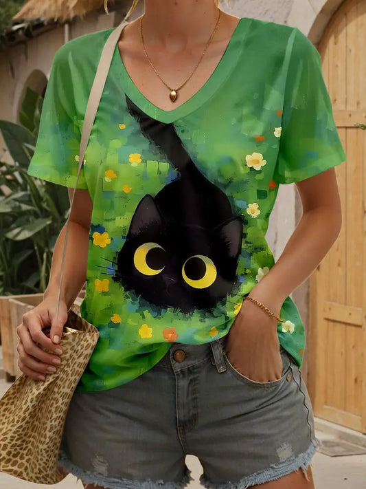 Women’s Cat Art Print Casual T-Shirt Green / S Women’s Clothing