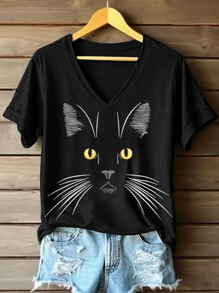 Women’s Cat Face Embroidered V-neck T-shirt Black / S