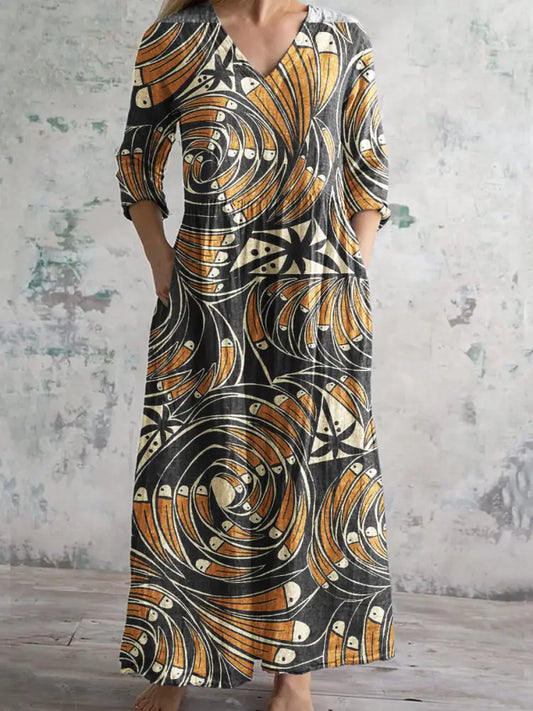 Women’s Copatucano Art Print Cotton Linen V-Neck 3/4 Sleeve Pocket Dress Ginger / S