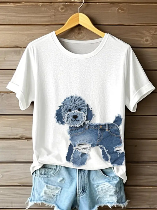 Women’s Cute Dog Denim Patchwork Art T-shirt White / S