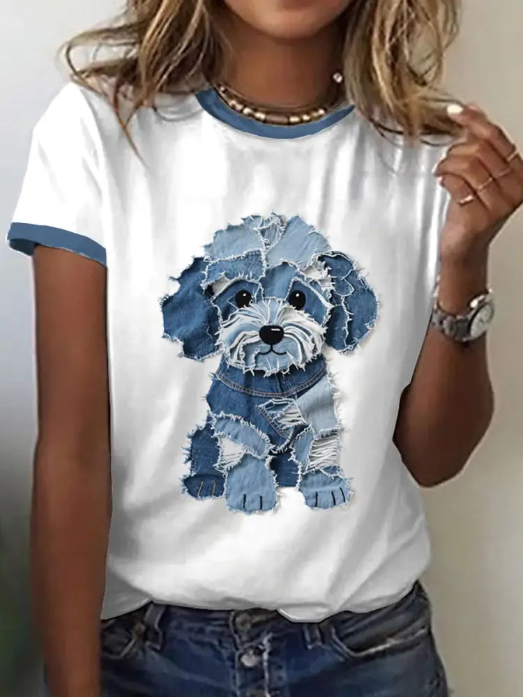 Women’s Cute Dog Denim Patchwork Art T-shirt White / S