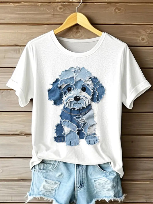 Women’s Cute Dog Denim Patchwork Art T-Shirt White / S