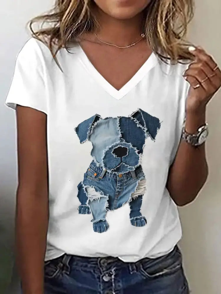 Women’s Cute Dog Pattern Patchwork Art V-Neck T-Shirt White / S