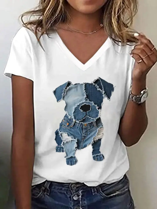 Women’s Cute Dog Pattern Patchwork Art V-Neck T-Shirt White / S