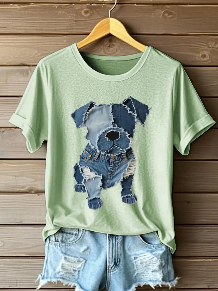 Women’s Dog Pattern Denim Patchwork Art T-Shirt Green / S