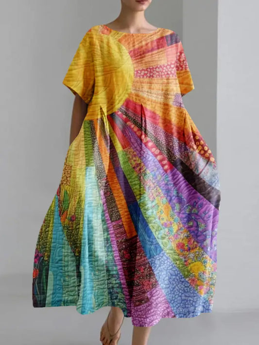 Women’s Hippie Sun Art Print Round Neck Short Sleeve Pocket Dress Colorful / S Women’s Clothing