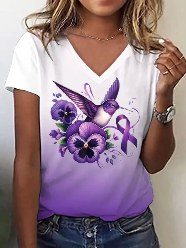 Women’s Hummingbird Holding Purple Pansy Purple Alzheimer Awareness T-Shirt White / S