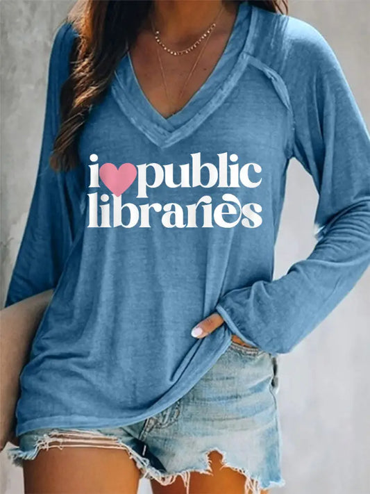 Women’s I Love Public Libraries Support Your Local Library V-Neck Long-Sleeve Top Blue / S