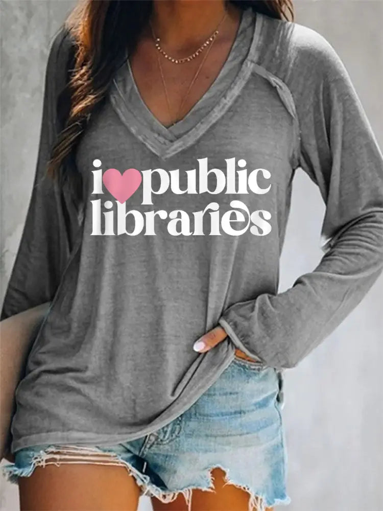 Women’s I Love Public Libraries Support Your Local Library V-Neck Long-Sleeve Top Gray / S