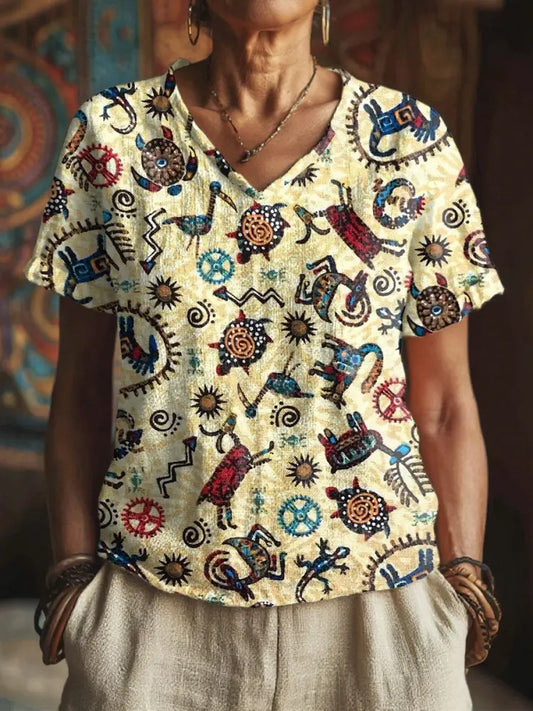 Women’s Indigenous animals print V-neck tops As picture / S