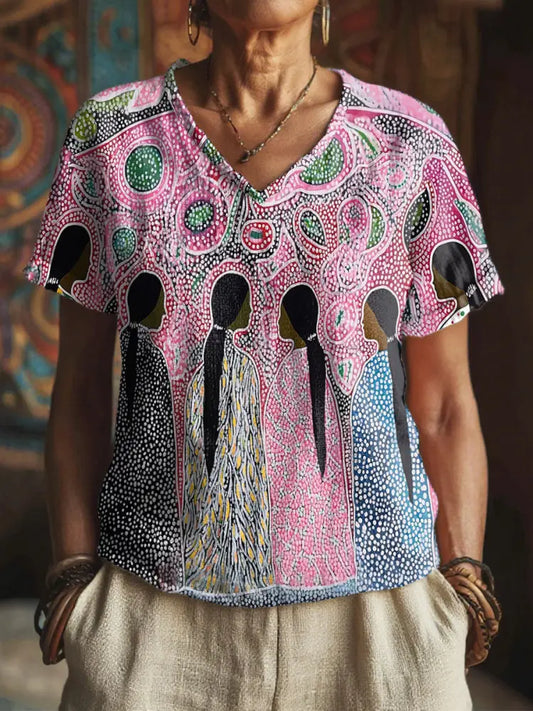 Women’s Indigenous Girl Print V-Neck Tops Pink / S