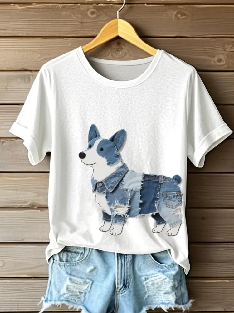 Women’s Lovely Corgi Pattern Patchwork Art T-Shirt White / S