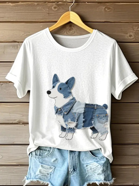 Women’s Lovely Corgi Pattern Patchwork Art T-Shirt White / S