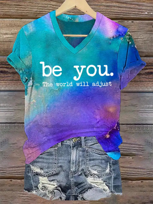 Women’s Mental Health Awareness Be You Printed V-Neck Short Sleeve T-Shirt Blue / S