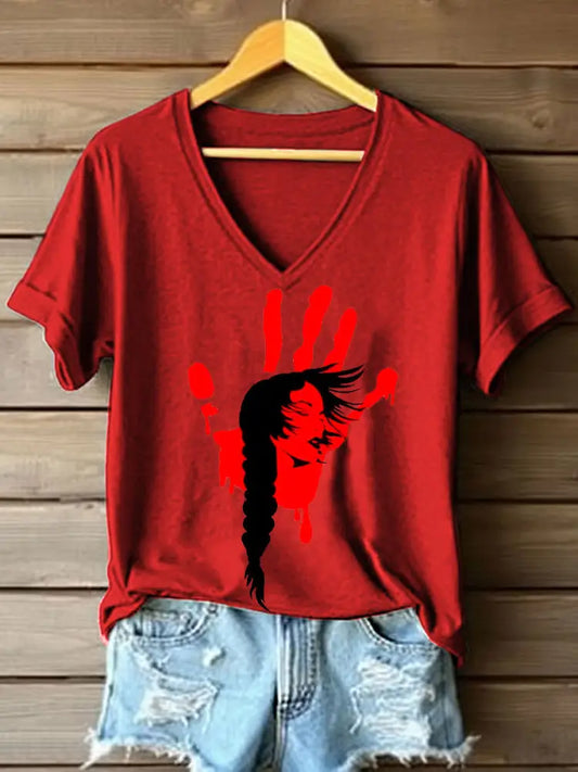 Women’s MMIW Print V-Neck T-Shirt Red / S