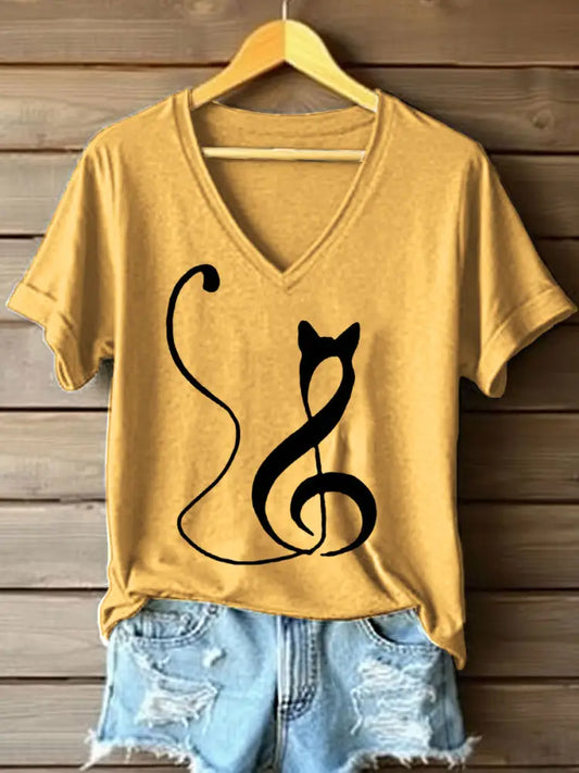 Women’s Music Note Inspired Cat Print V-Neck T-Shirt Yellow / S