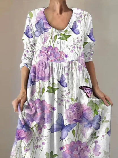 Women’s Purple Butterflies Flowers Print Alzheimer’s Awareness Support Dress Women’s Clothing