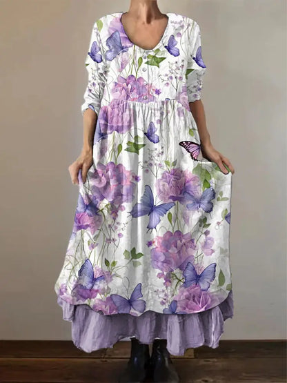 Women’s Purple Butterflies Flowers Print Alzheimer’s Awareness Support Dress White / S Women’s Clothing