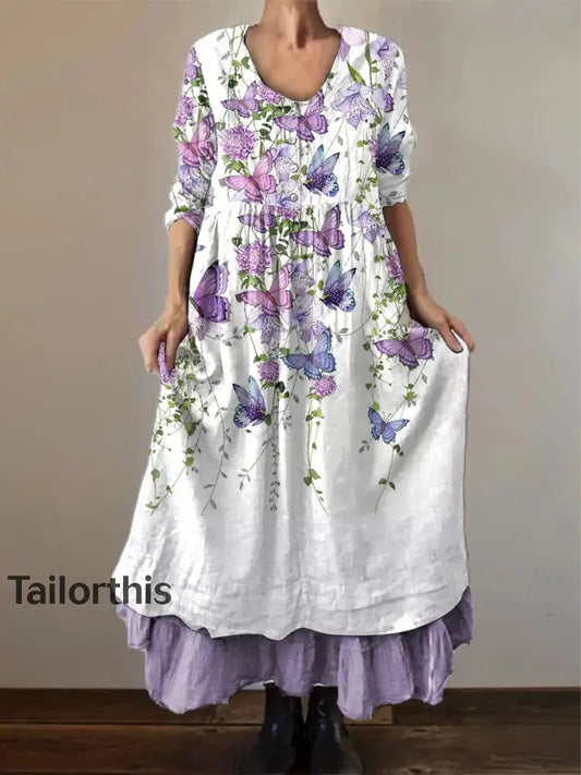 Women’s Purple Butterflies Flowers Print Alzheimer’s Awareness Support Dress White / S Women’s Clothing