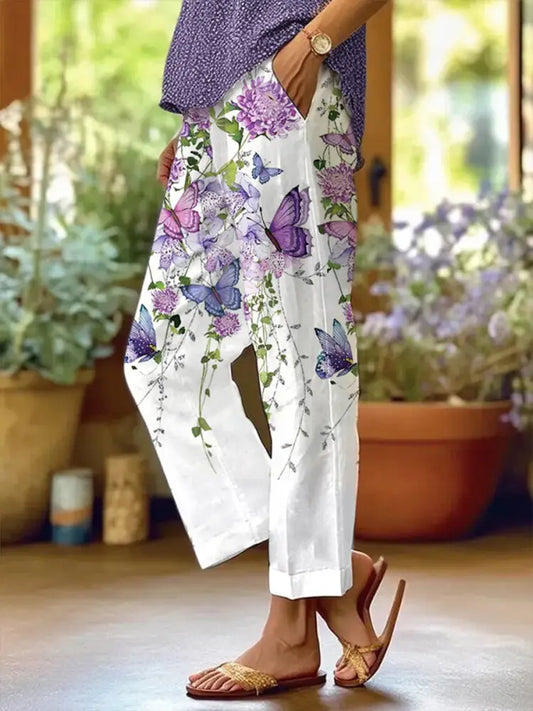 Women’s Purple Floral Butterflies Print Alzheimer’s Awareness Support Pants White / S Men’s Clothing
