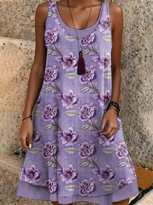 Women’s Purple Floral Print Alzheimer’s Awareness Support Sleeveless Dress Purple / S