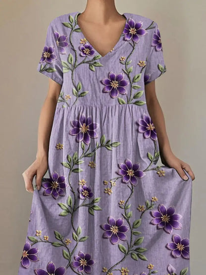 Women’s Purple Floral Print Alzheimer’s Awareness Support V-Neck Dress Women’s Clothing