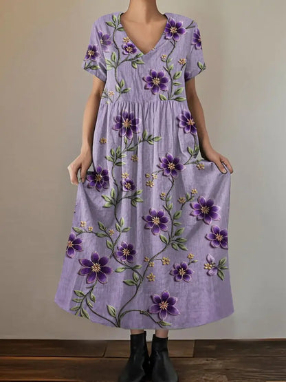 Women’s Purple Floral Print Alzheimer’s Awareness Support V-Neck Dress Purple / S Women’s Clothing