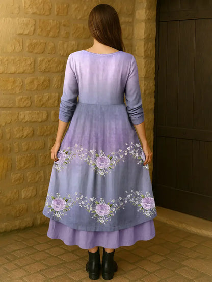 Women’s Purple Flowers Gradient Print Alzheimer’s Awareness Support Dress Women’s Clothing