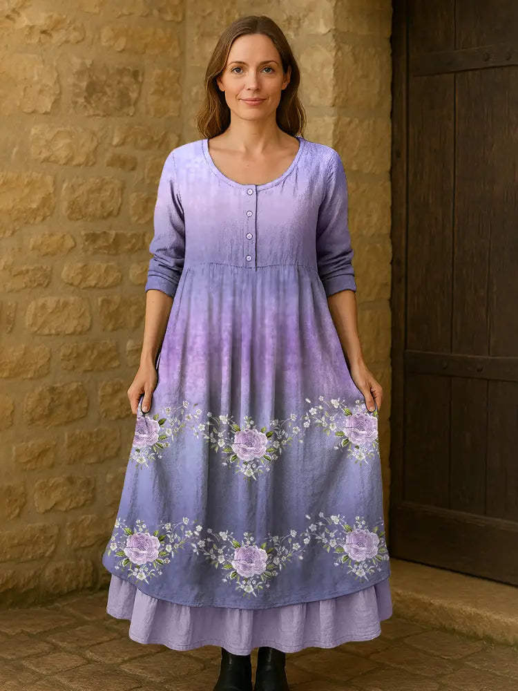 Women’s Purple Flowers Gradient Print Alzheimer’s Awareness Support Dress Women’s Clothing