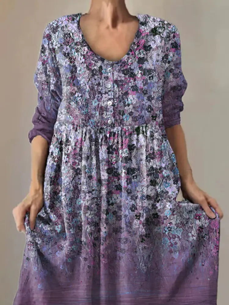 Women’s Purple Flowers Gradient Print Alzheimer’s Awareness Support Dress Women’s Clothing