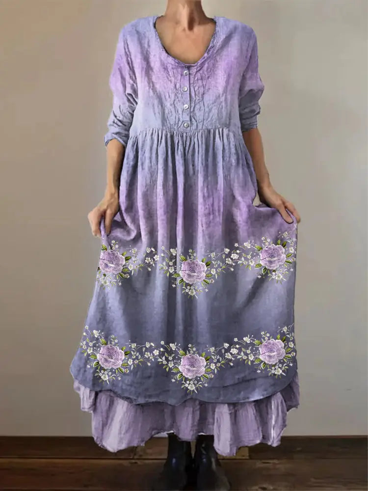 Women’s Purple Flowers Gradient Print Alzheimer’s Awareness Support Dress Lavender / S Women’s Clothing