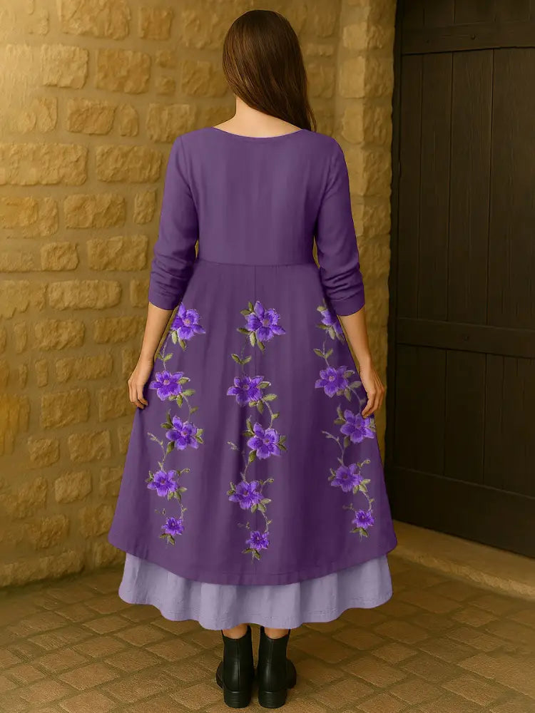 Women’s Purple Flowers Print Alzheimer’s Awareness Support Dress Women’s Clothing