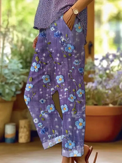 Women’s Purple Forget-Me-Not Floral Print Alzheimer’s Awareness Support Pants Women’s Clothing