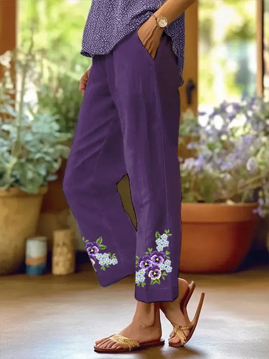 Women’s Purple Forget-Me-Not Floral Print Alzheimer’s Awareness Support Pants Purple / S Women’s Clothing