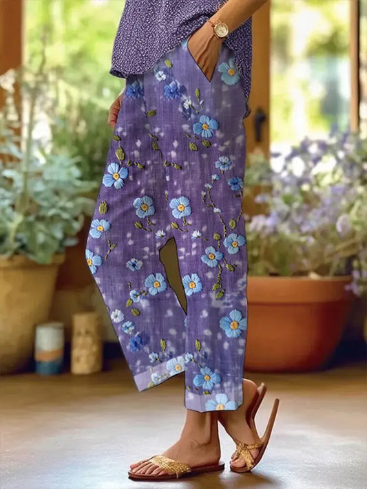 Women’s Purple Forget-Me-Not Floral Print Alzheimer’s Awareness Support Pants Purple / S Women’s Clothing
