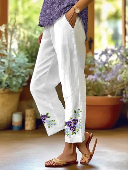Women’s Purple Forget-Me-Not Floral Print Alzheimer’s Awareness Support Pants White / S Women’s Clothing