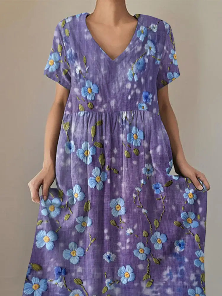 Women’s Purple Forget-Me Not Flowers Print Alzheimer’s Awareness Support V-Neck Dress Women’s Clothing